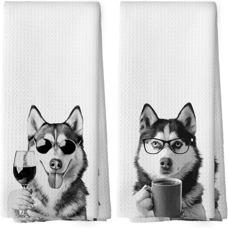 Mcehtle Funny Siberian Husky Kitchen Towels Set of 2, Funny Dog Kitchen Accessories, Coffee Station Wine Bar Decor, Dog Chef Gift Hand Towel, Dining Room Decorative Tea Towel Dish Towels 16x24 Inch - Image 1